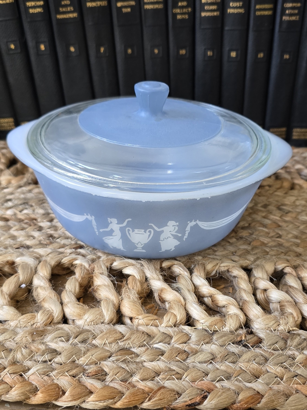 Vintage Blue Covered Cameo Casserole Dish with White Silhouette Design